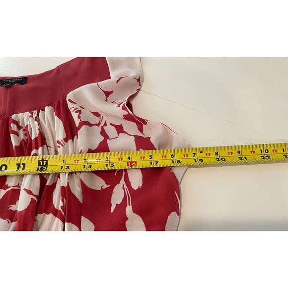 Talbots Swing Dress Sz 14P Floral Red Cream Ruching Chiffon Lined Feminine Girly - Picture 8 of 11